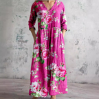 Women's Vintage Floral V-Neck Maxi Dress with Three Quarter Sleeves