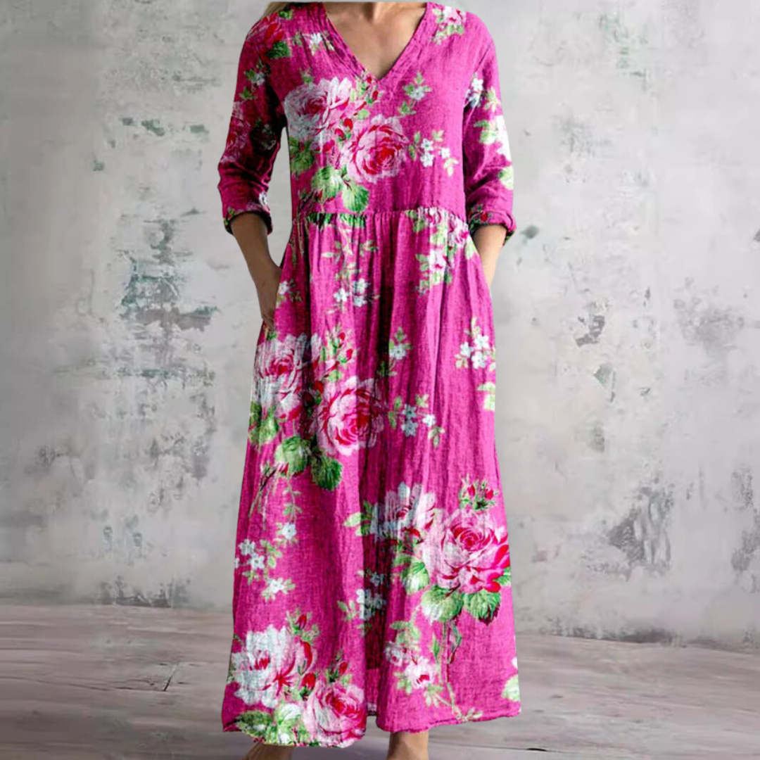 Women's Vintage Floral V-Neck Maxi Dress with Three Quarter Sleeves