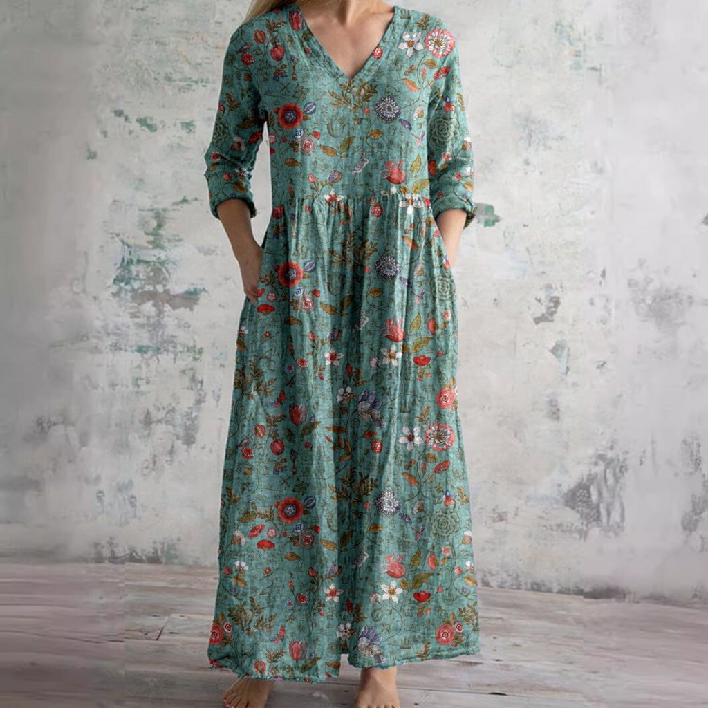 Women's Vintage Floral V-Neck Maxi Dress with Three Quarter Sleeves