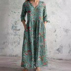 Women's Vintage Floral V-Neck Maxi Dress with Three Quarter Sleeves