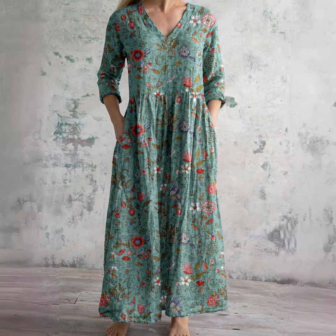 Women's Vintage Floral V-Neck Maxi Dress with Three Quarter Sleeves