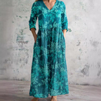 Women's Vintage Floral V-Neck Maxi Dress with Three Quarter Sleeves