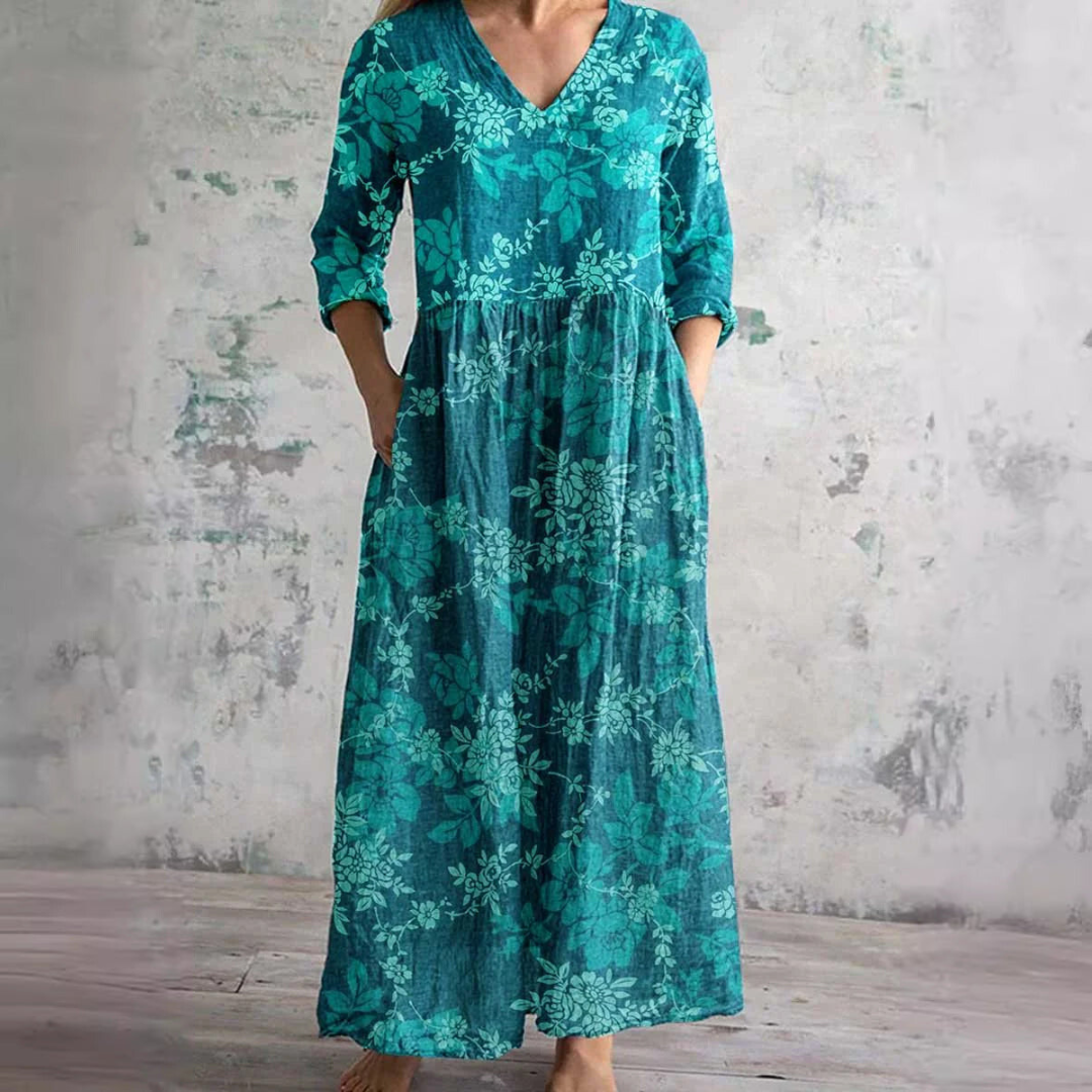 Women's Vintage Floral V-Neck Maxi Dress with Three Quarter Sleeves