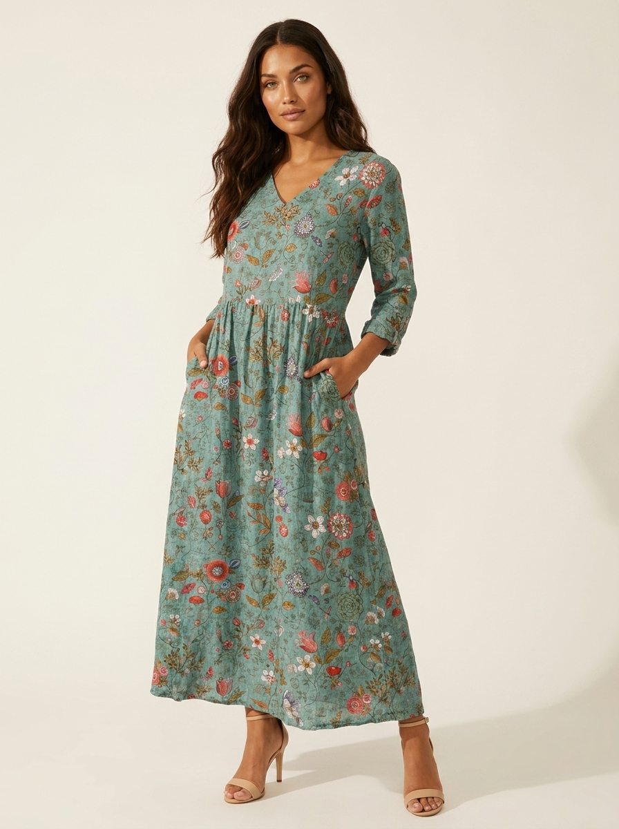 Women's Vintage Floral V-Neck Maxi Dress with Three Quarter Sleeves