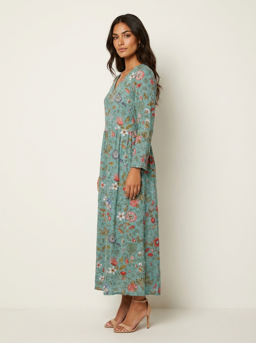 Women's Vintage Floral V-Neck Maxi Dress with Three Quarter Sleeves