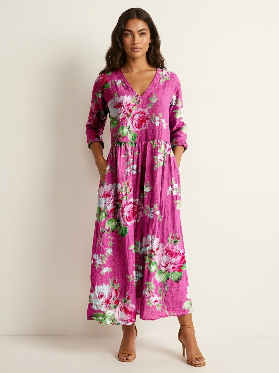 Women's Vintage Floral V-Neck Maxi Dress with Three Quarter Sleeves