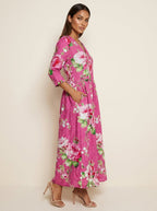 Women's Vintage Floral V-Neck Maxi Dress with Three Quarter Sleeves