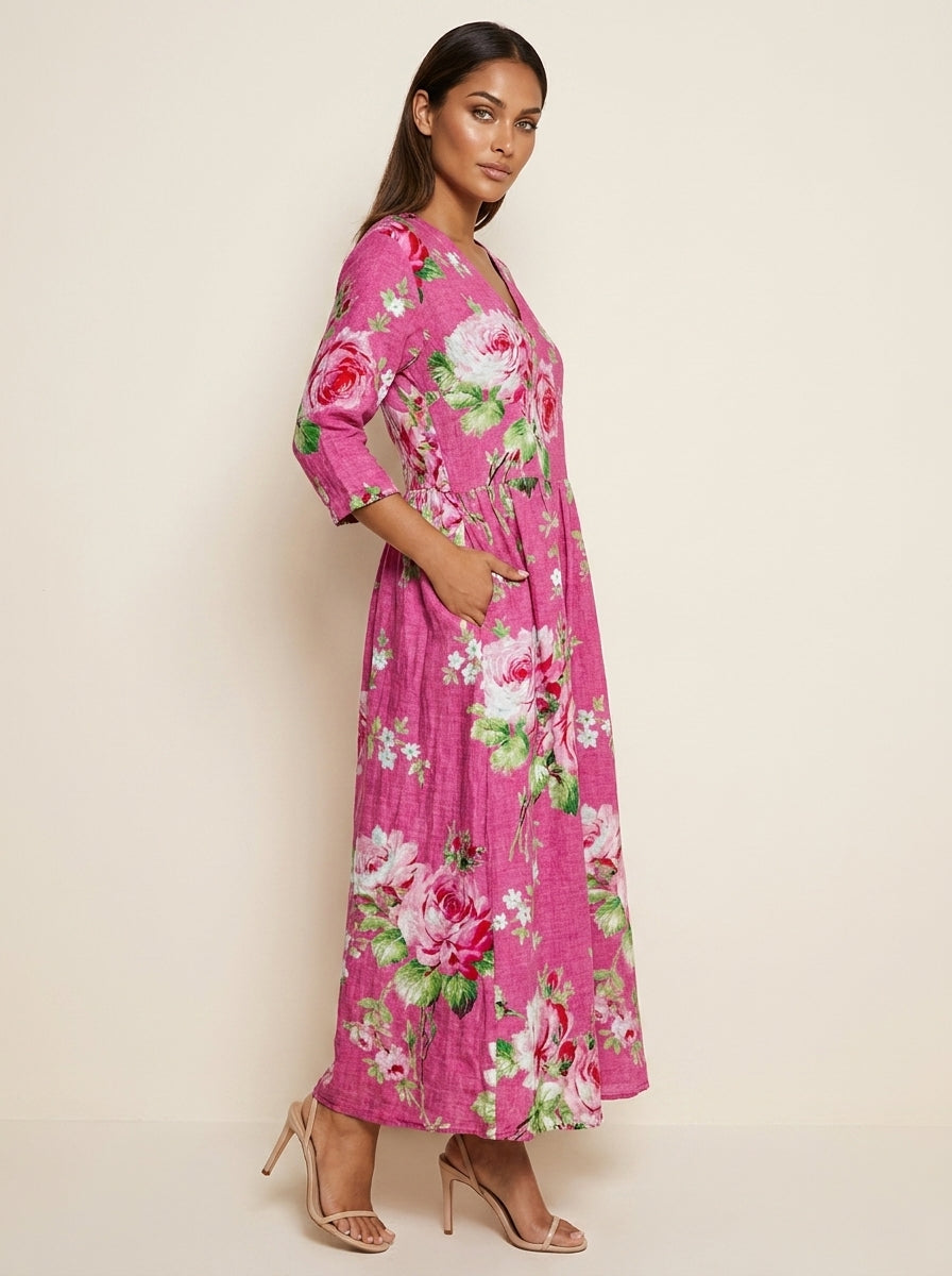 Women's Vintage Floral V-Neck Maxi Dress with Three Quarter Sleeves