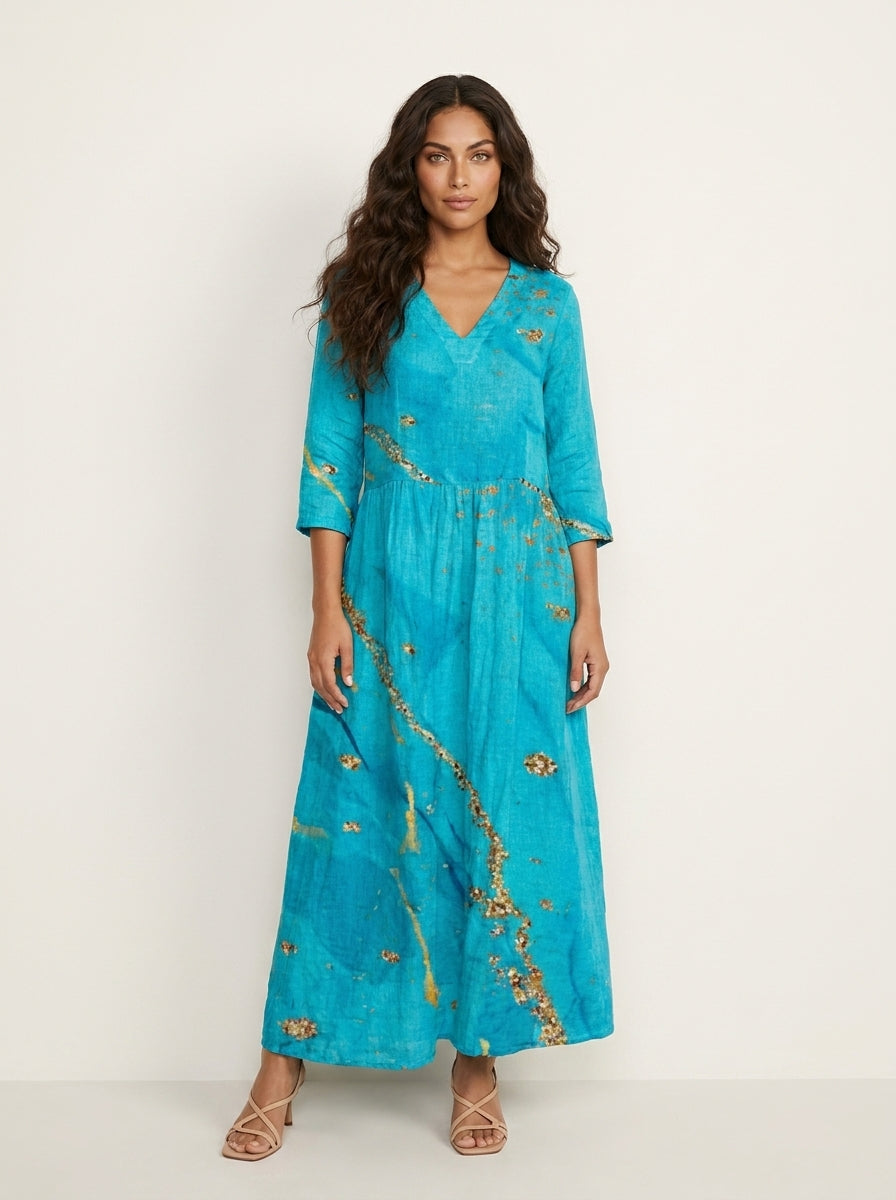 Women's Vintage Floral V-Neck Maxi Dress with Three Quarter Sleeves