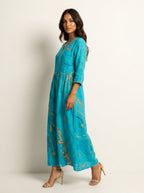 Women's Vintage Floral V-Neck Maxi Dress with Three Quarter Sleeves