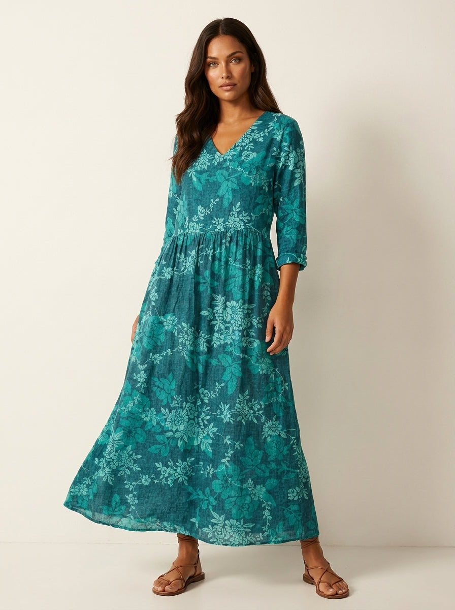 Women's Vintage Floral V-Neck Maxi Dress with Three Quarter Sleeves