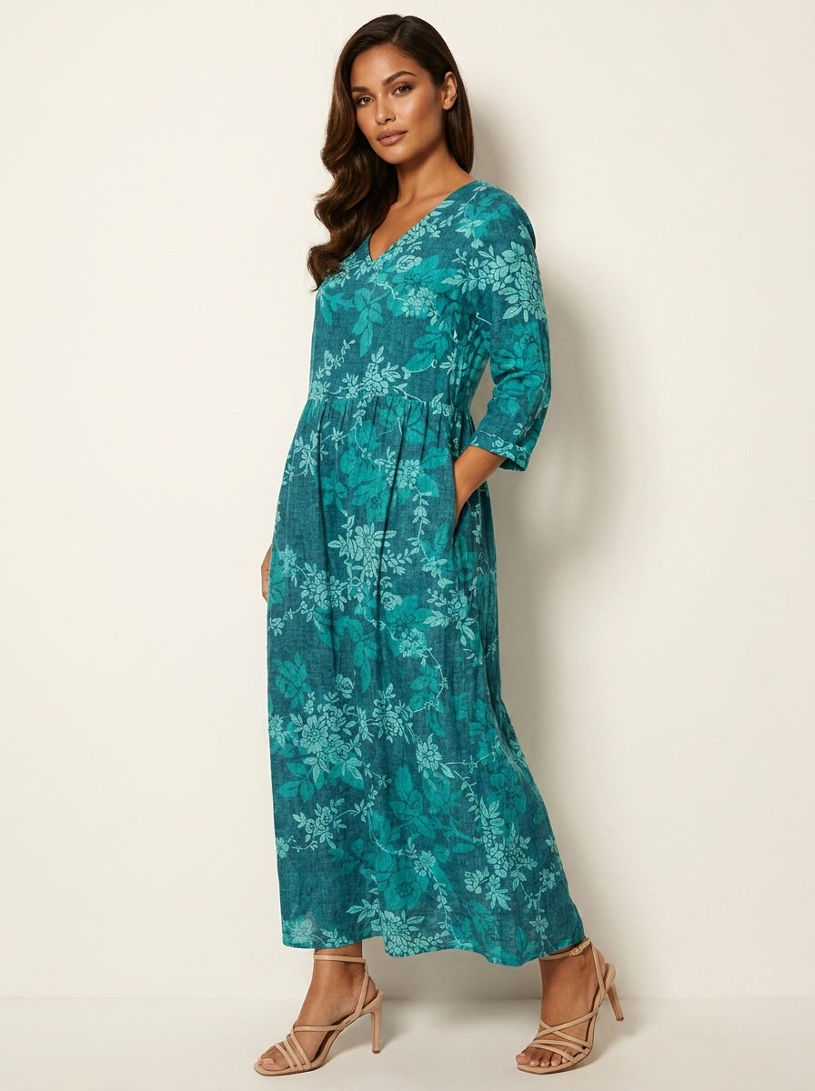 Women's Vintage Floral V-Neck Maxi Dress with Three Quarter Sleeves