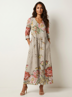 Women's Vintage Floral V-Neck Maxi Dress with Three Quarter Sleeves