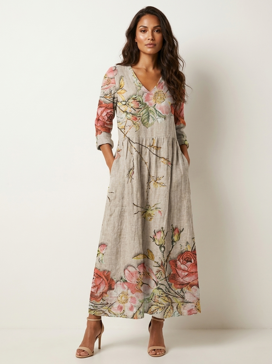 Women's Vintage Floral V-Neck Maxi Dress with Three Quarter Sleeves