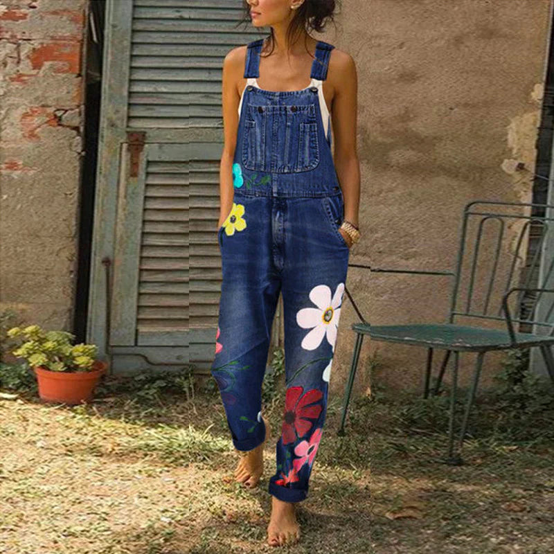 Women's Floral Embroidered Denim Overalls with Adjustable Shoulder Straps