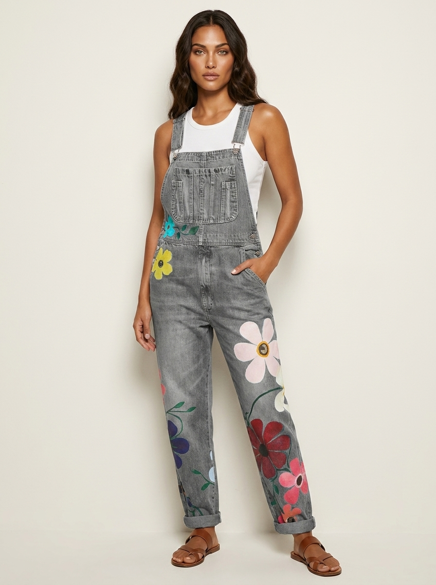Women's Floral Embroidered Denim Overalls with Adjustable Shoulder Straps