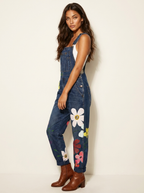 Women's Floral Embroidered Denim Overalls with Adjustable Shoulder Straps