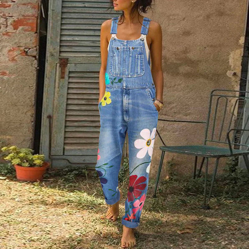 Women's Floral Embroidered Denim Overalls with Adjustable Shoulder Straps