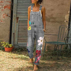 Women's Floral Embroidered Denim Overalls with Adjustable Shoulder Straps