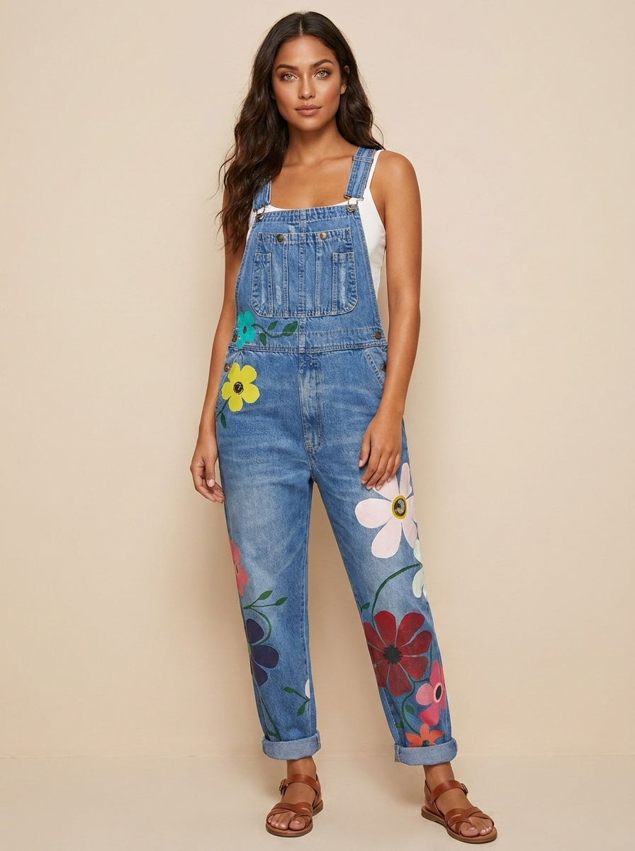 Women's Floral Embroidered Denim Overalls with Adjustable Shoulder Straps