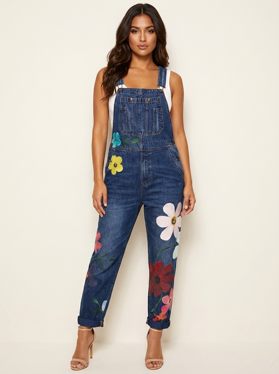 Women's Floral Embroidered Denim Overalls with Adjustable Shoulder Straps