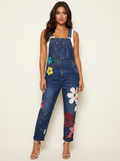Women's Floral Embroidered Denim Overalls with Adjustable Shoulder Straps