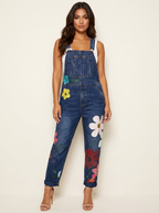Women's Floral Embroidered Denim Overalls with Adjustable Shoulder Straps