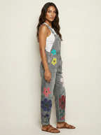Women's Floral Embroidered Denim Overalls with Adjustable Shoulder Straps