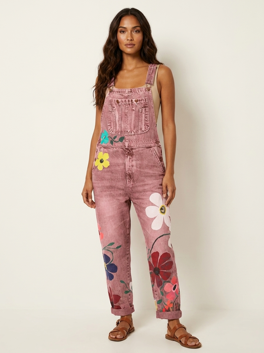 Women's Floral Embroidered Denim Overalls with Adjustable Shoulder Straps