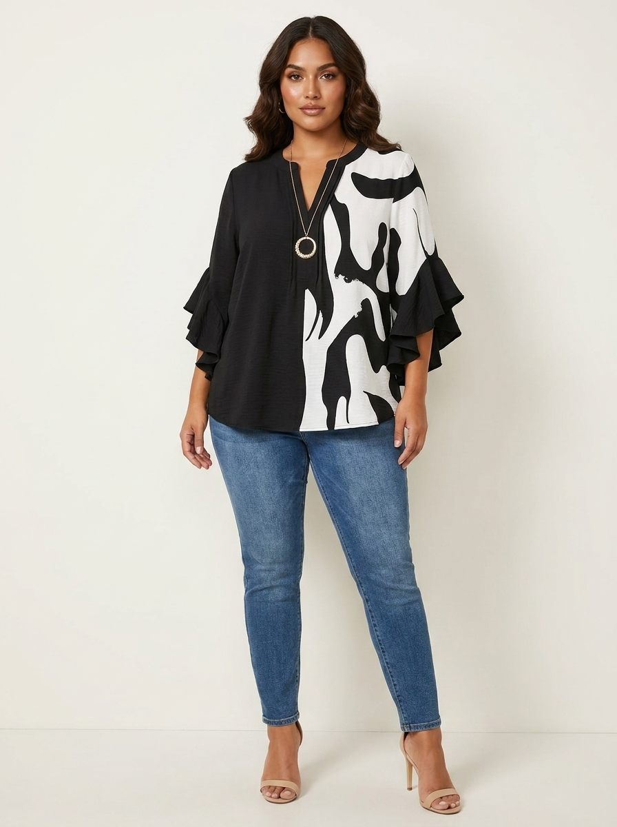 Women's Printed V-Neck Blouse with Layered Ruffle Sleeves
