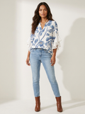 Women's Printed V-Neck Blouse with Layered Ruffle Sleeves