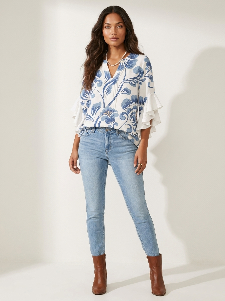 Women's Printed V-Neck Blouse with Layered Ruffle Sleeves