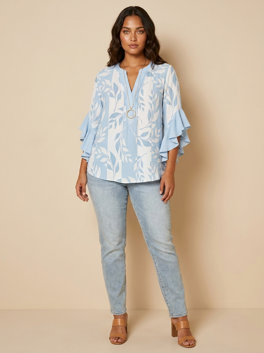 Women's Printed V-Neck Blouse with Layered Ruffle Sleeves