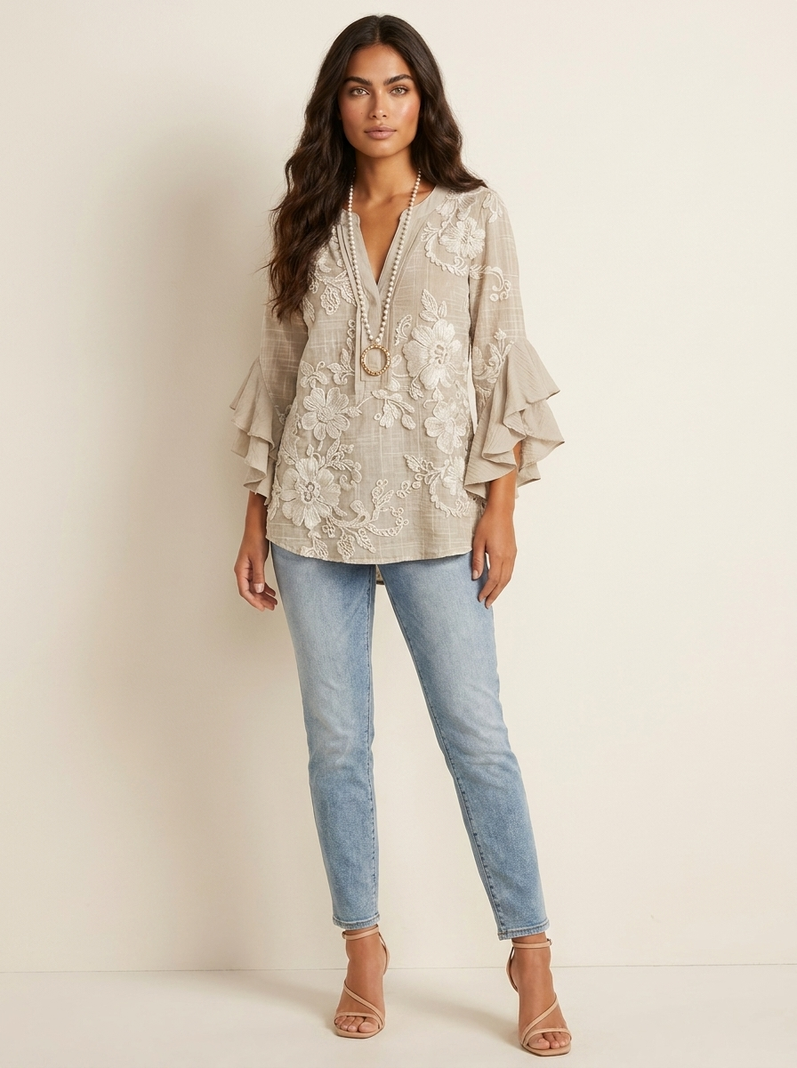 Women's Printed V-Neck Blouse with Layered Ruffle Sleeves