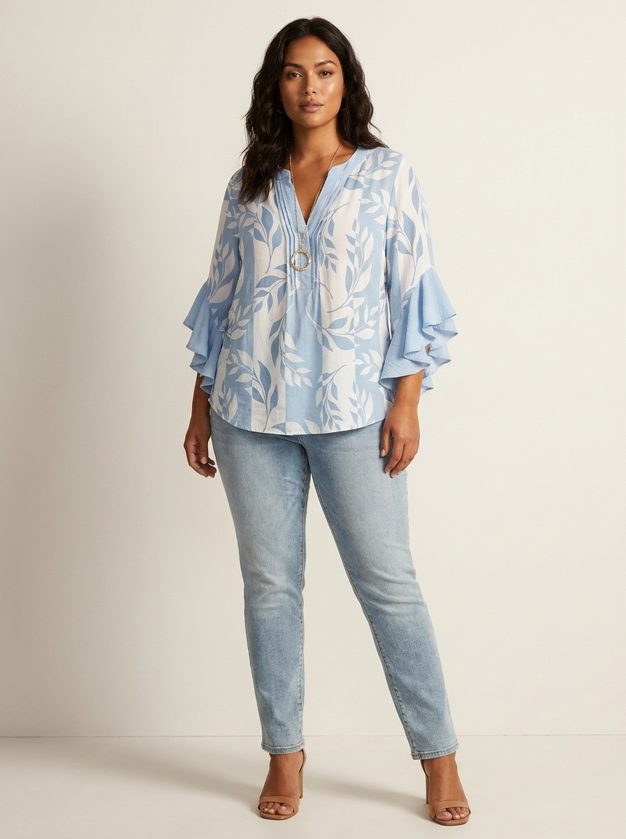 Women's Printed V-Neck Blouse with Layered Ruffle Sleeves