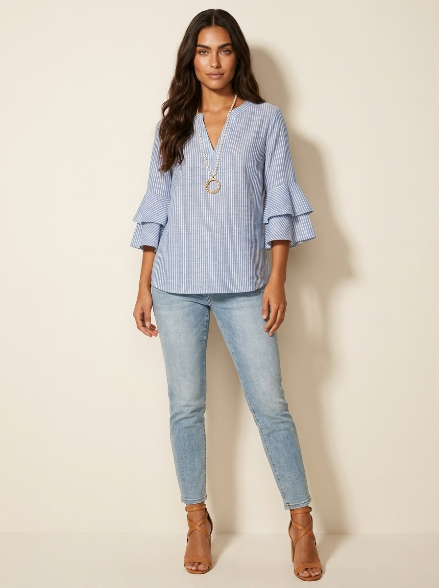 Women's Printed V-Neck Blouse with Layered Ruffle Sleeves