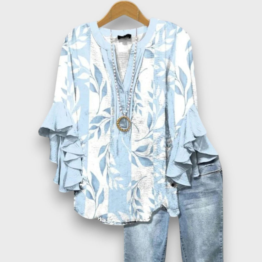 Women's Printed V-Neck Blouse with Layered Ruffle Sleeves