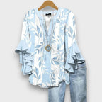 Women's Printed V-Neck Blouse with Layered Ruffle Sleeves