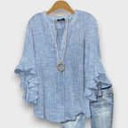 Women's Printed V-Neck Blouse with Layered Ruffle Sleeves