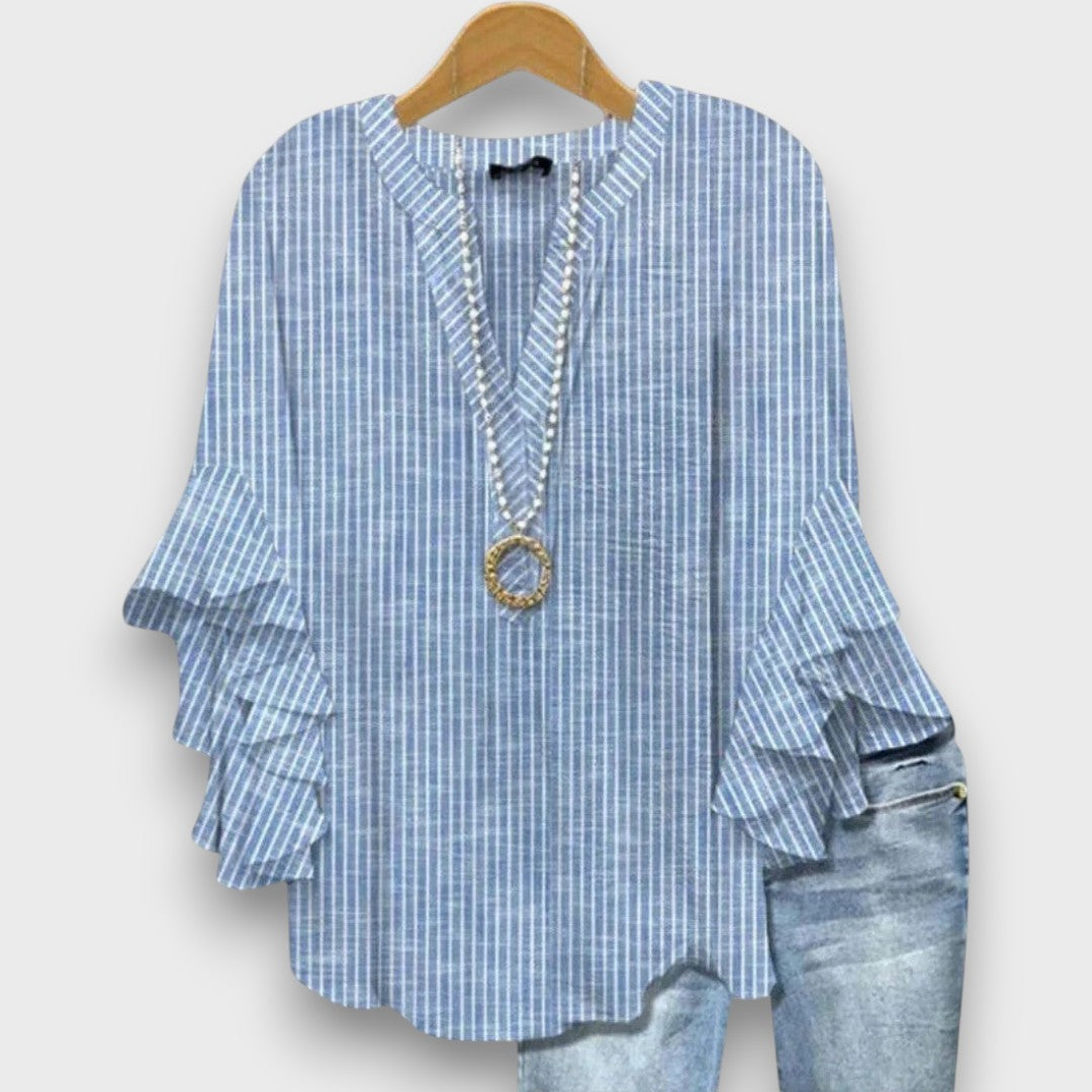 Women's Printed V-Neck Blouse with Layered Ruffle Sleeves