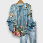 Women's Printed V-Neck Blouse with Layered Ruffle Sleeves