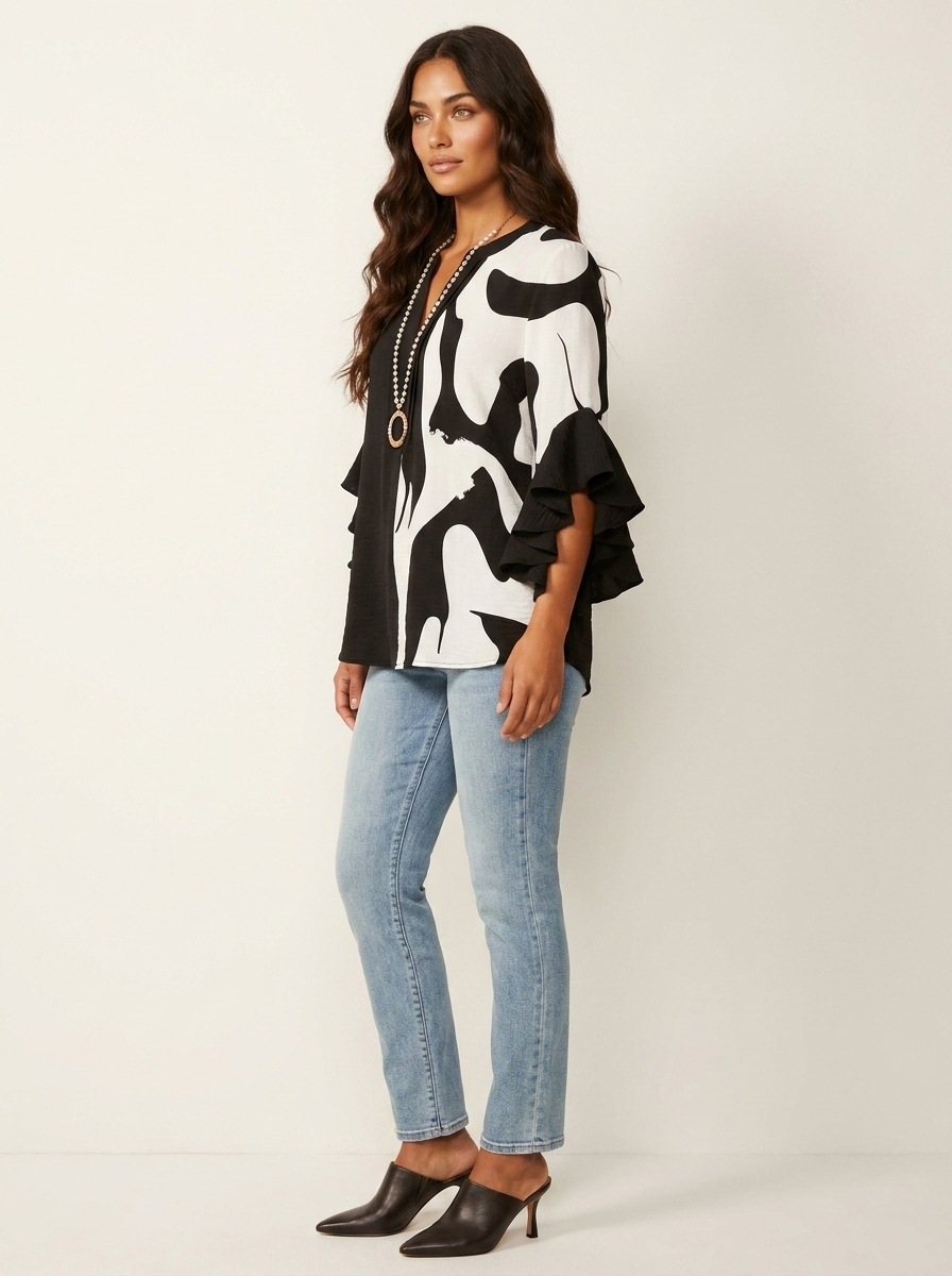 Women's Printed V-Neck Blouse with Layered Ruffle Sleeves