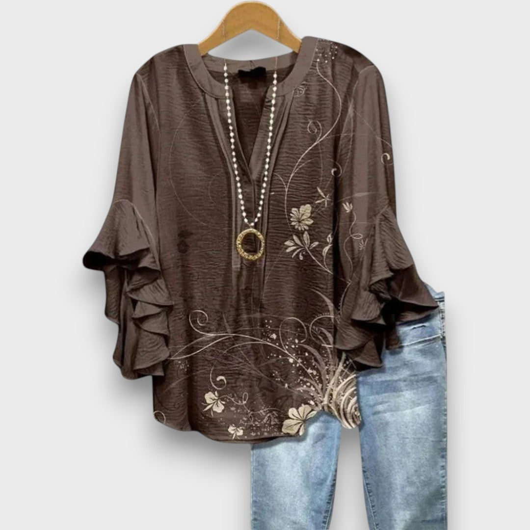 Women's Printed V-Neck Blouse with Layered Ruffle Sleeves