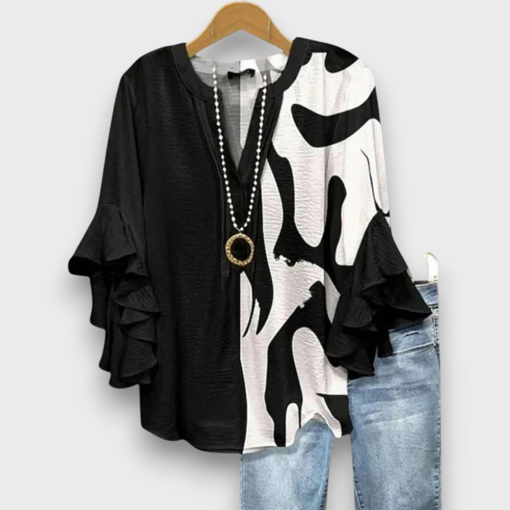 Women's Printed V-Neck Blouse with Layered Ruffle Sleeves