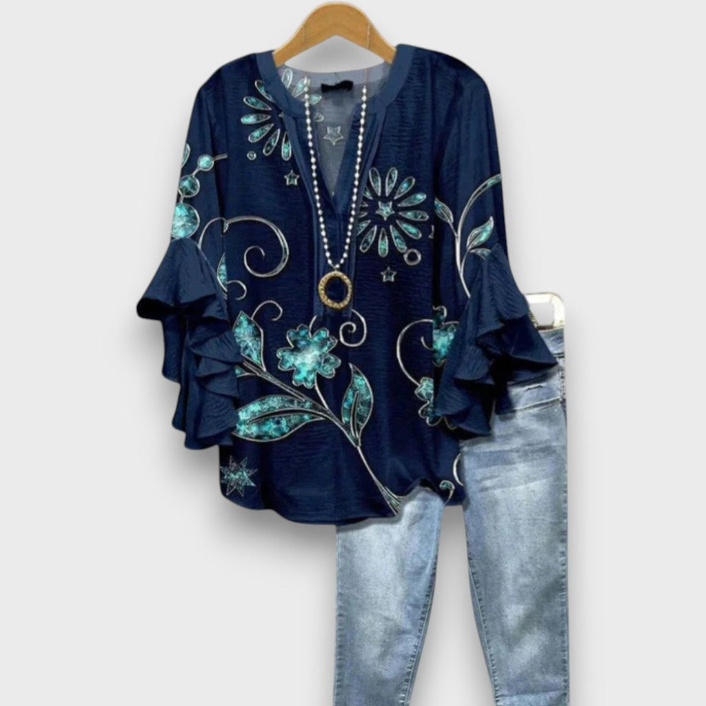 Women's Printed V-Neck Blouse with Layered Ruffle Sleeves