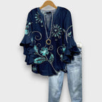 Women's Printed V-Neck Blouse with Layered Ruffle Sleeves