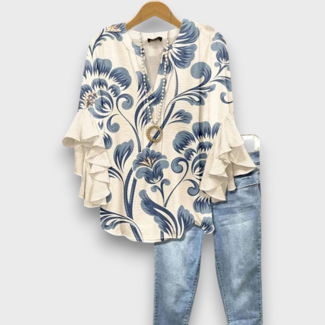 Women's Printed V-Neck Blouse with Layered Ruffle Sleeves