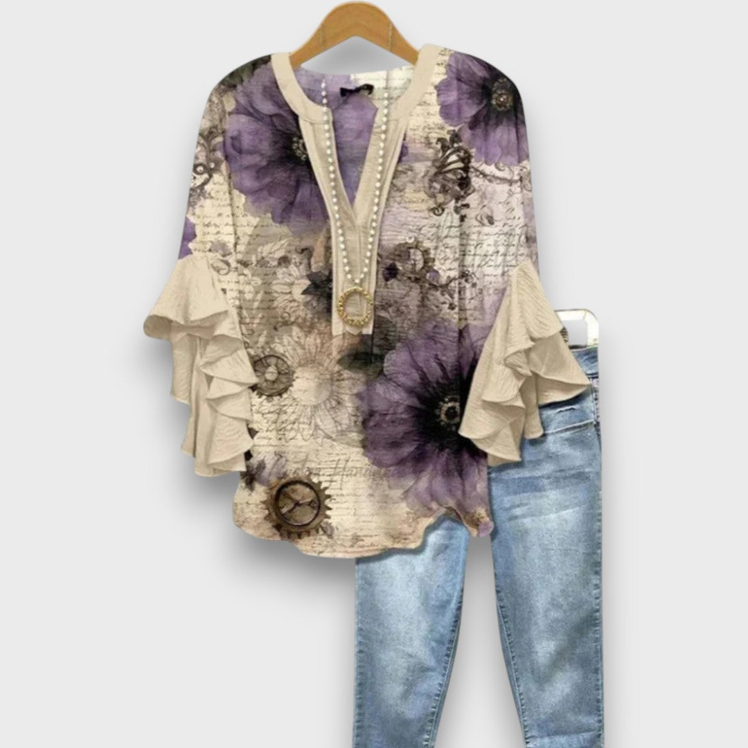 Women's Printed V-Neck Blouse with Layered Ruffle Sleeves