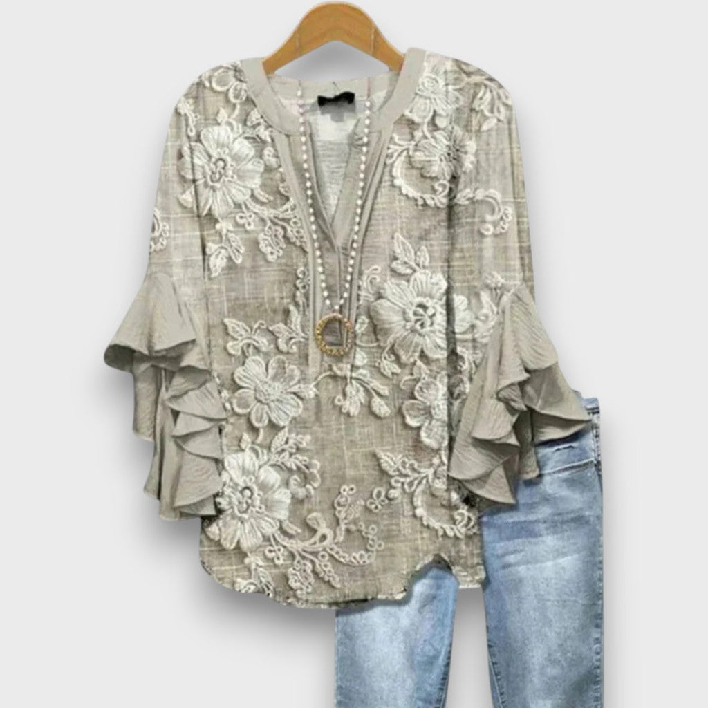 Women's Printed V-Neck Blouse with Layered Ruffle Sleeves