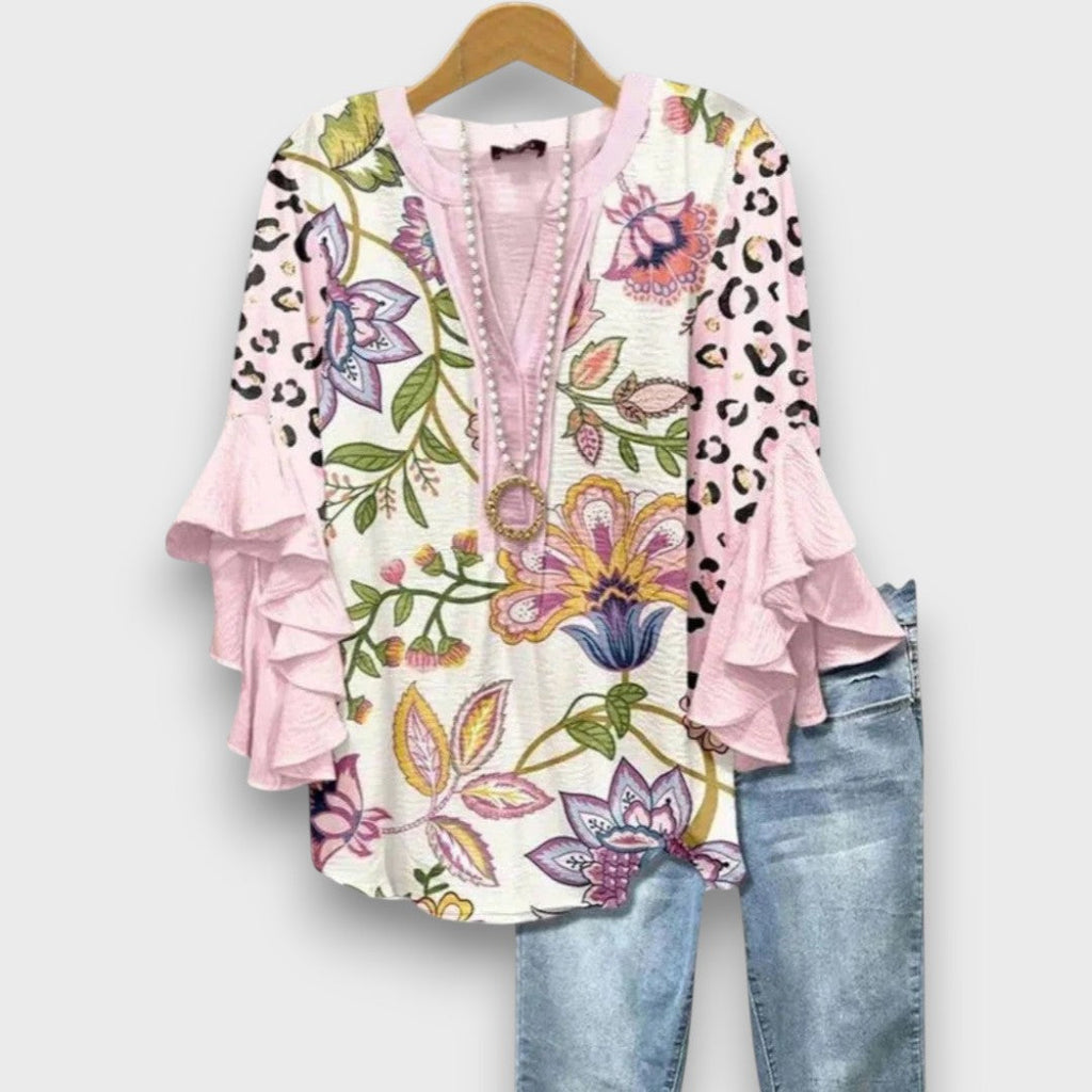 Women's Printed V-Neck Blouse with Layered Ruffle Sleeves